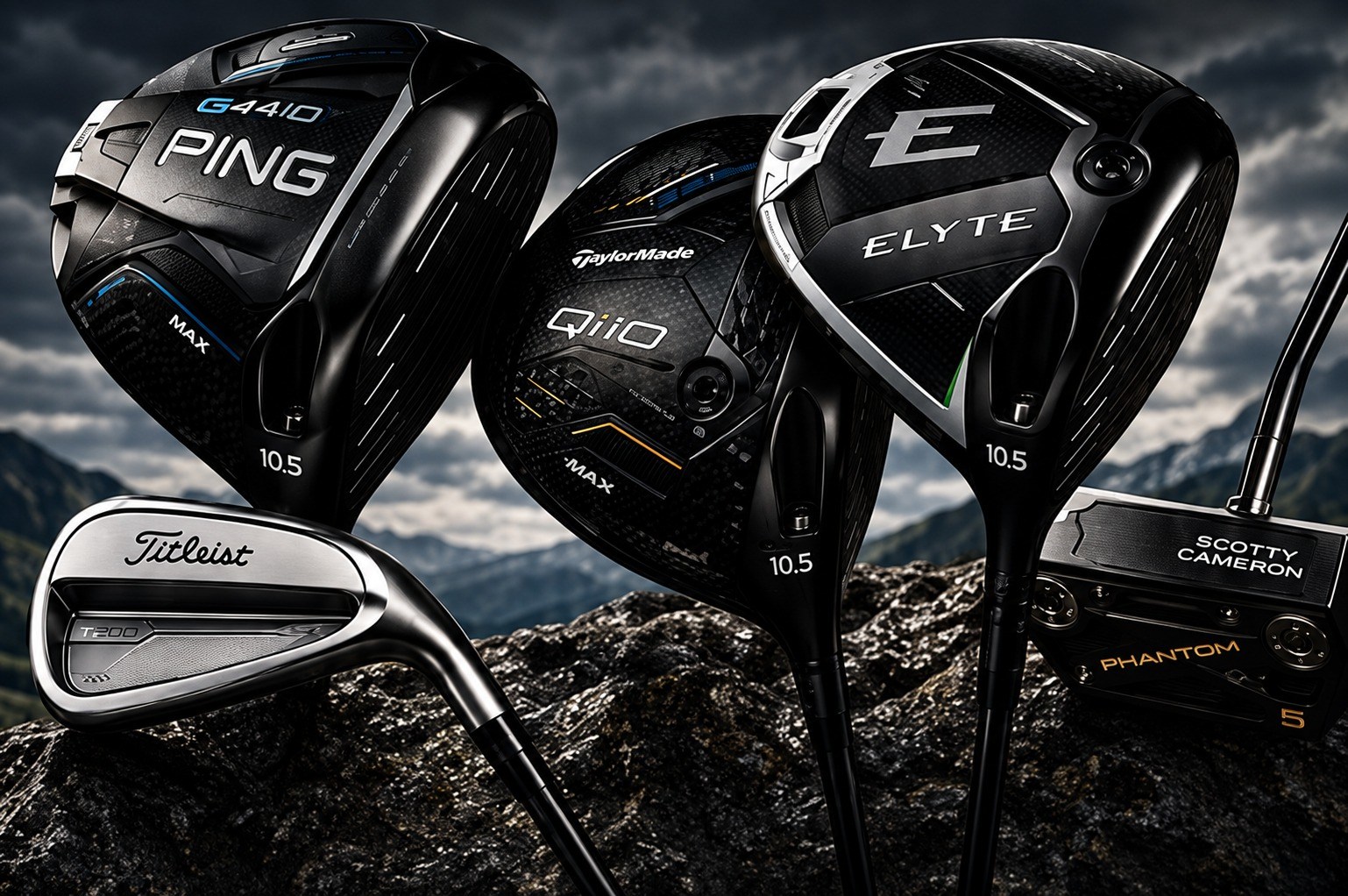 Premium drivers, irons and a putter on a rocky outcrop