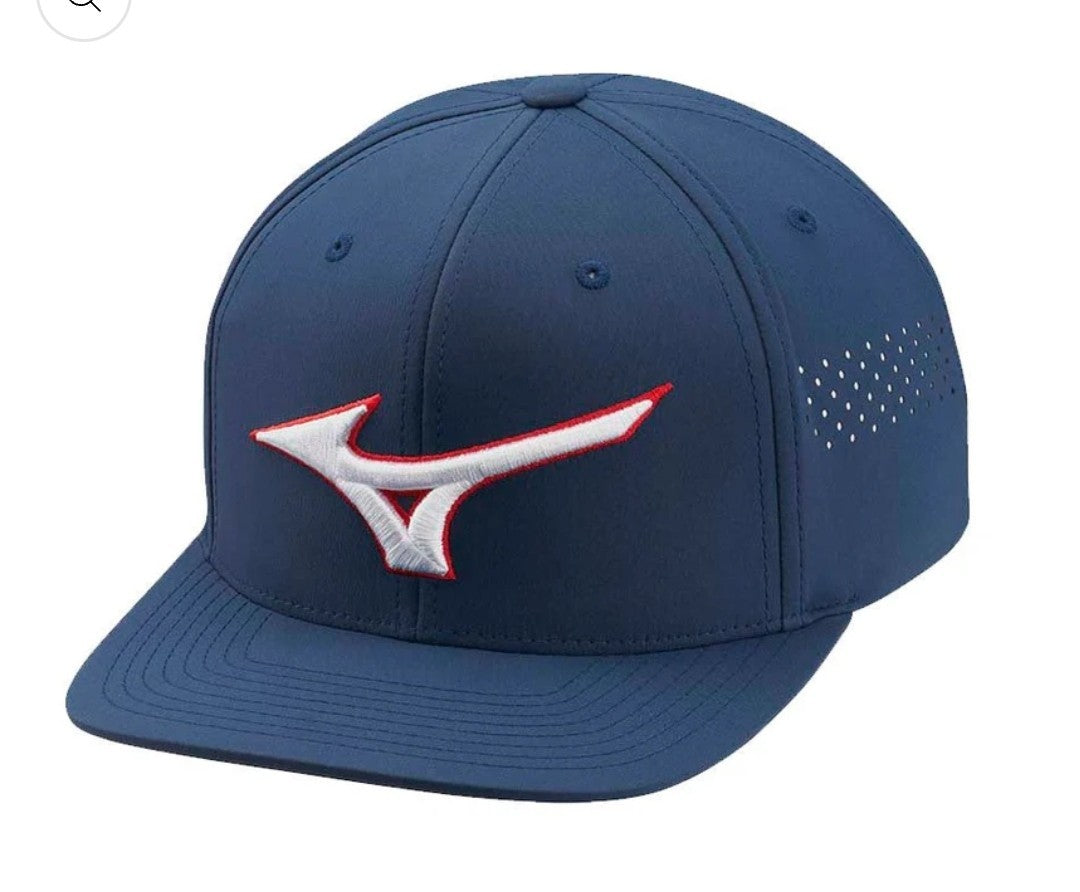 Mizuno Tour Flat Snapback Golf Cap Navy Blue + FREE Mizuno Comp Glove